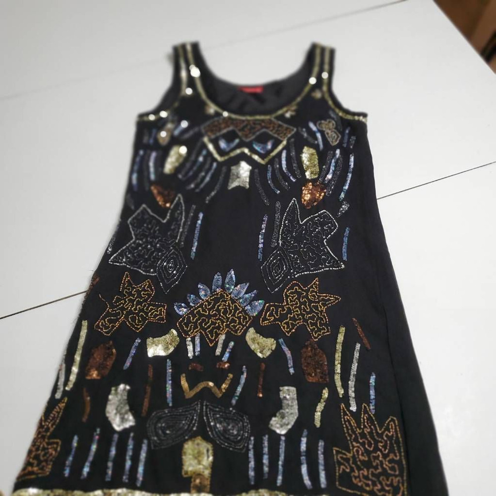 Raan Collection Womens‎ Tank Dress Black Abstract Lined Pullover Beaded Boho M